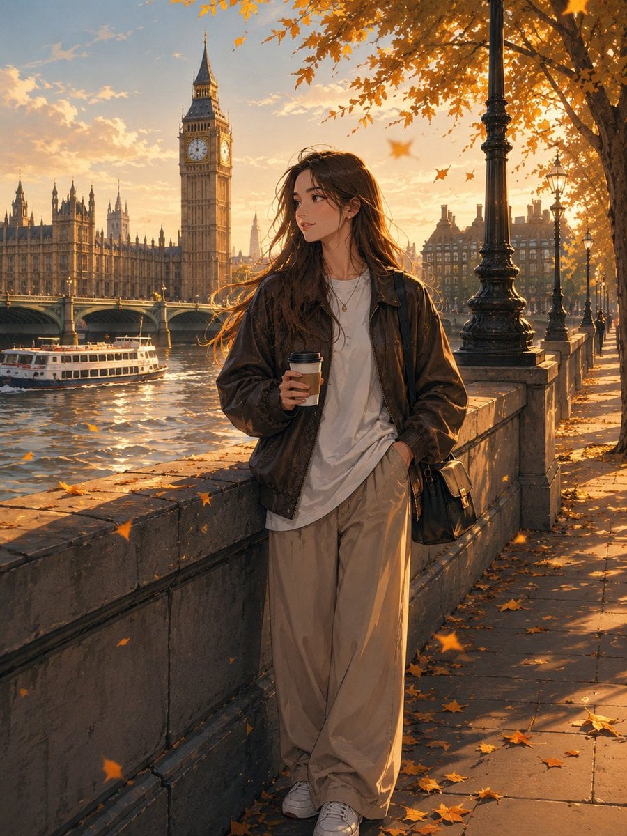 Create a cinematic anime illustration of a beautiful young woman standing alone beside the River Thames on th…