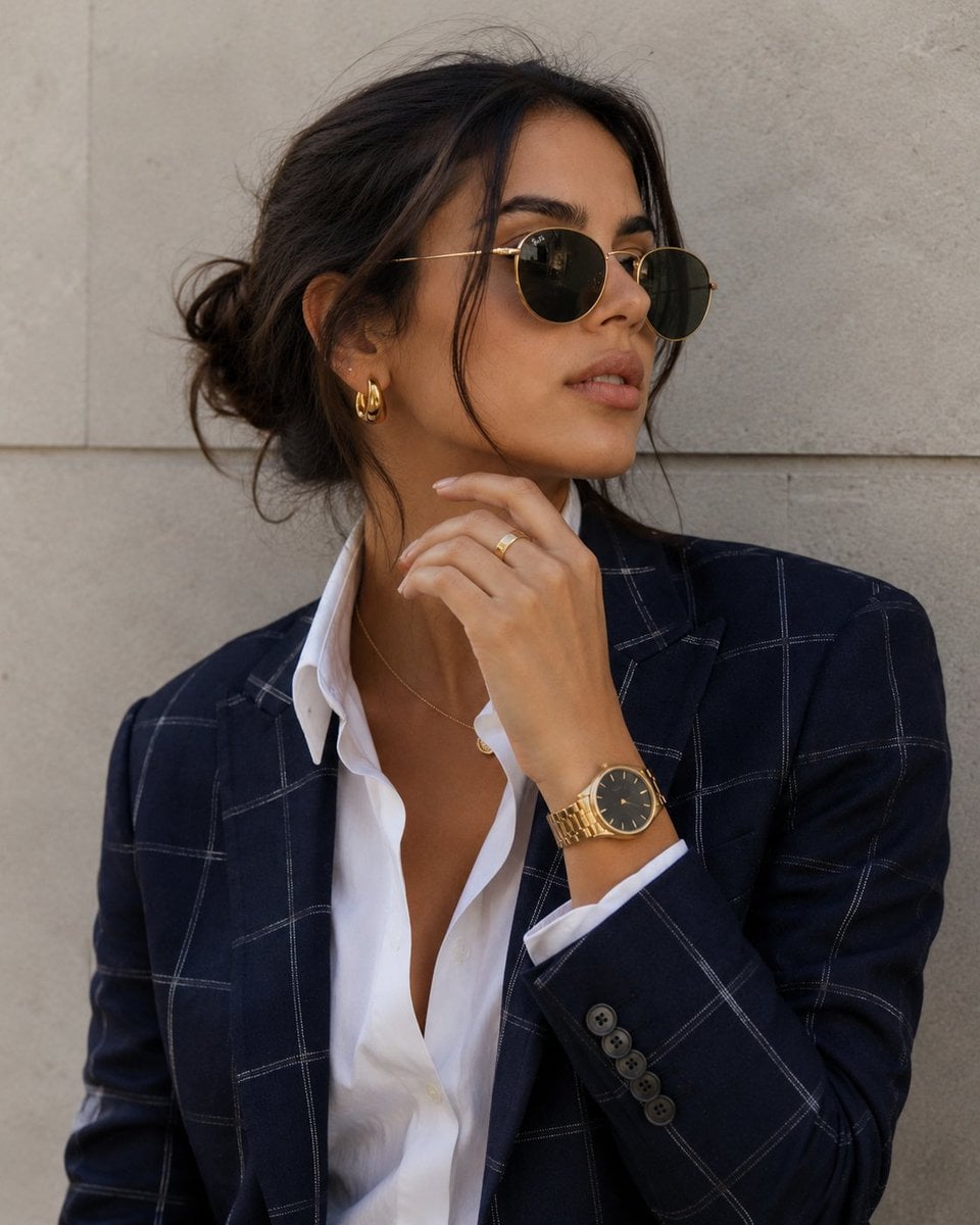 A close-up portrait of a stylish woman with softly tousled dark hair…