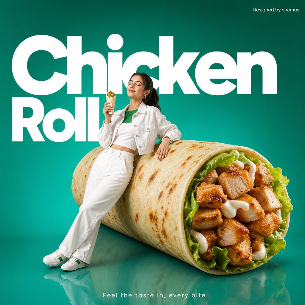 Minimalist commercial ad featuring oversized premium chicken rrolls,…