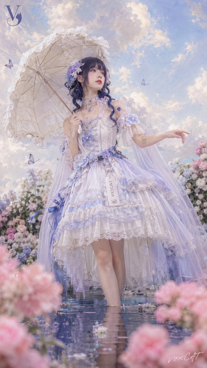 自定义角色，梦幻童话洛丽塔人像，真人写实结合柔和油画插画感，9:16 竖版，花园与浅水倒影场景，前景粉色花朵虚化，中景人物站在花丛中，背景…