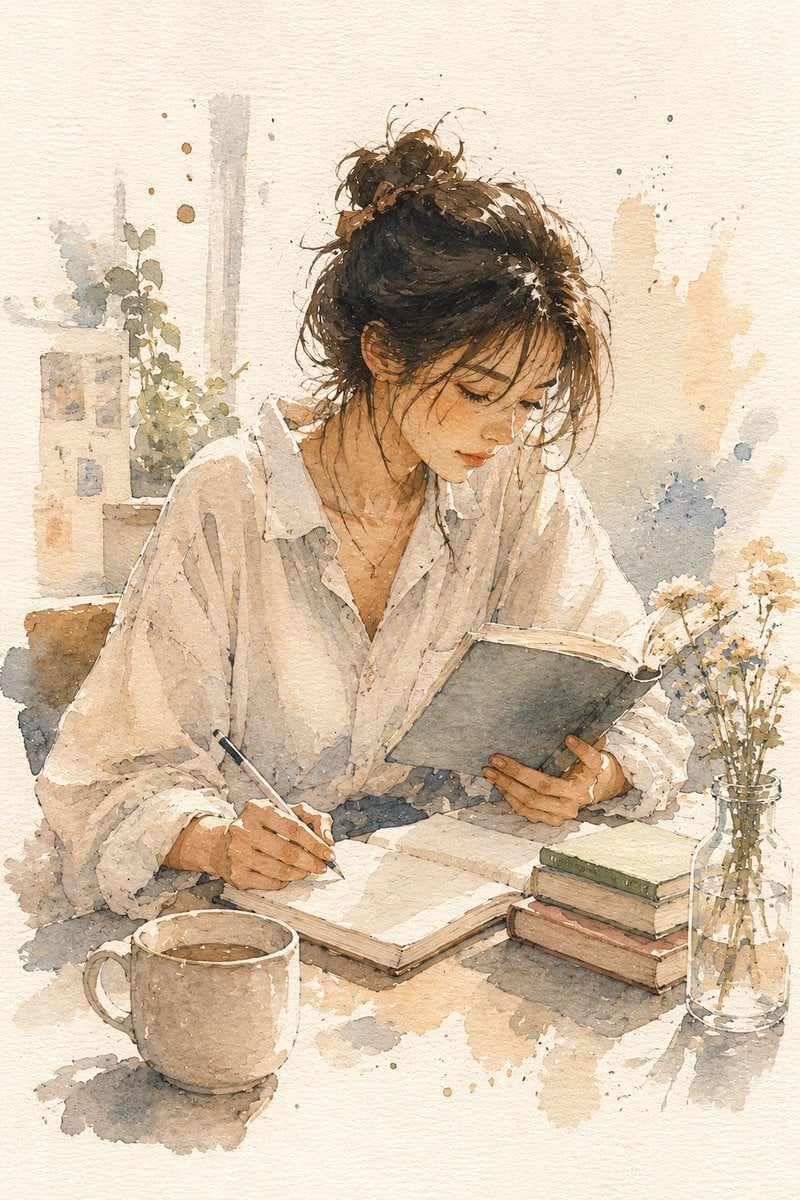 A minimalist watercolor illustration of a young woman immersed in a q…