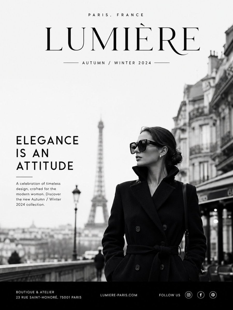 Create a premium luxury fashion advertisement in a minimalist Parisia…