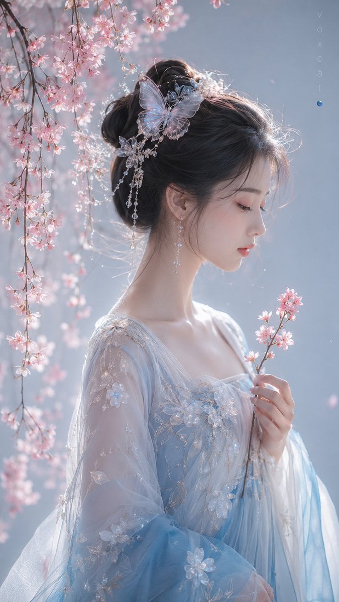 一位清冷古风少女侧脸半身人像,黑色盘发,发间有半透明蝶形发饰,闭眼或微垂眼,神情安静温柔,手中轻托一枝粉色樱花,头顶与画面左侧垂落樱花枝条,身穿蓝白渐变轻纱古风长袖,上身有立体白色花卉刺绣与透明花瓣装饰,锁骨 and…