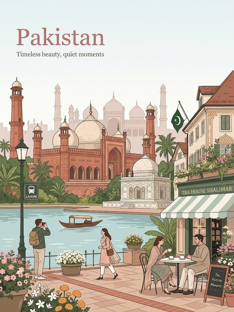 Create a vintage-inspired travel poster in a clean flat-color illustration style with subtle line art. Place…