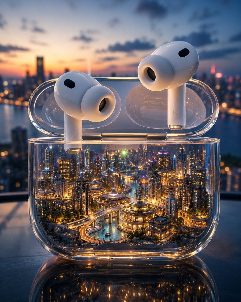 Create a premium surreal advertising scene where an entire miniature…
