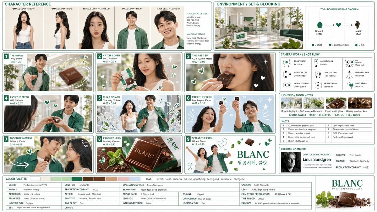 브랜드이름 로고가 있는 도형 의 맛있어 보이는 초콜렛을 만드세요. 흰색 과 에메랄드 색 의 조합 하트 일러스트입니다. 케릭터는 이미지 1을 따르며 의상은 이미지 2를 따릅니다. 깔끔한 3*3 형식…