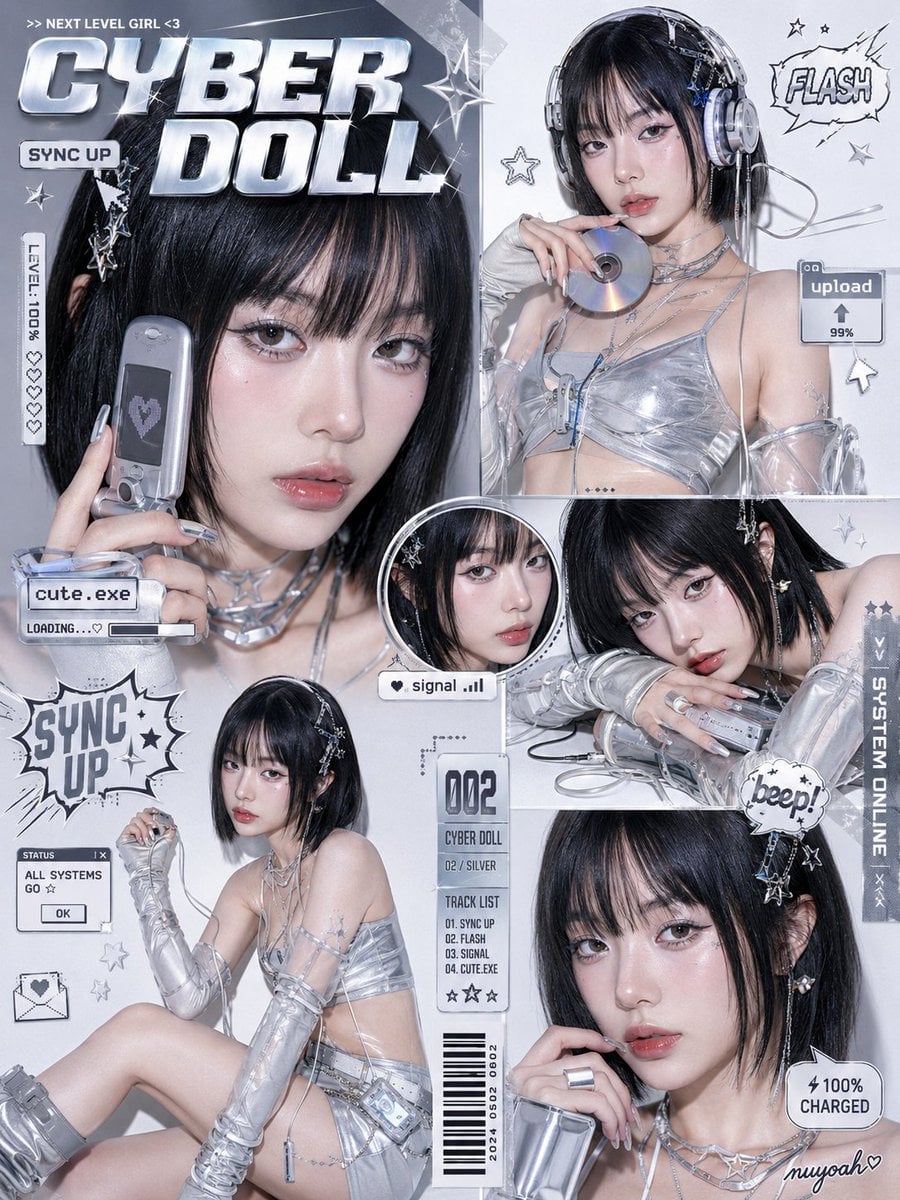 竖版 3:4,单张像海报拼贴,Y2K 日系时装杂志 / 偶像专辑内页 / 贴纸手帐 editorial,白底棚拍 + direct flash + soft bloom。 主题系统自动匹配角色:黑豹纹 gyaru /…