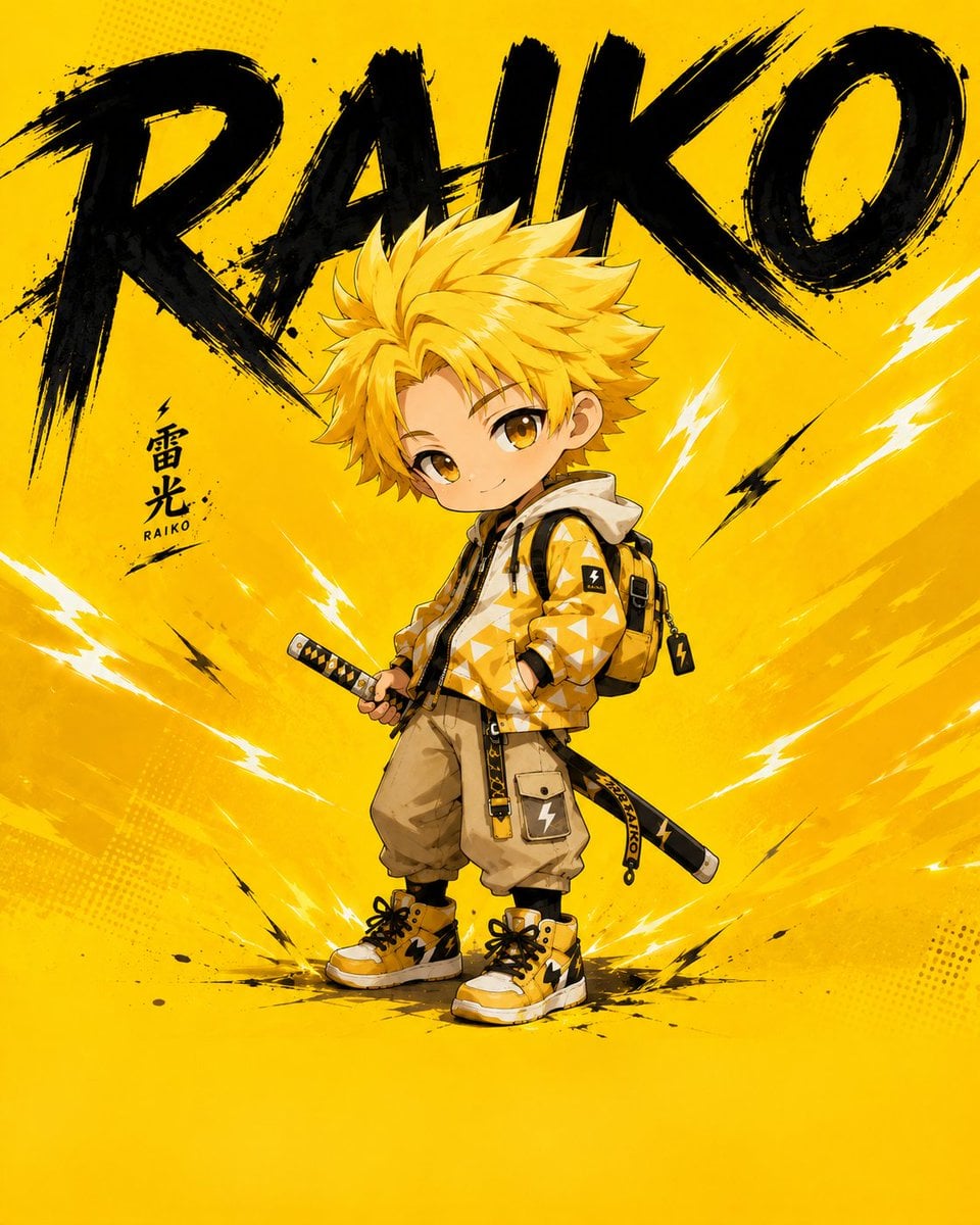 Wide chibi anime poster composition, young boy character with spiky y…