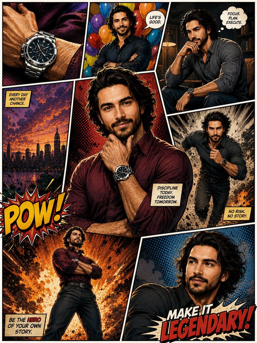 Portrait-oriented, dynamic comic-book poster composed of multiple panels featuring the same young man in diff…