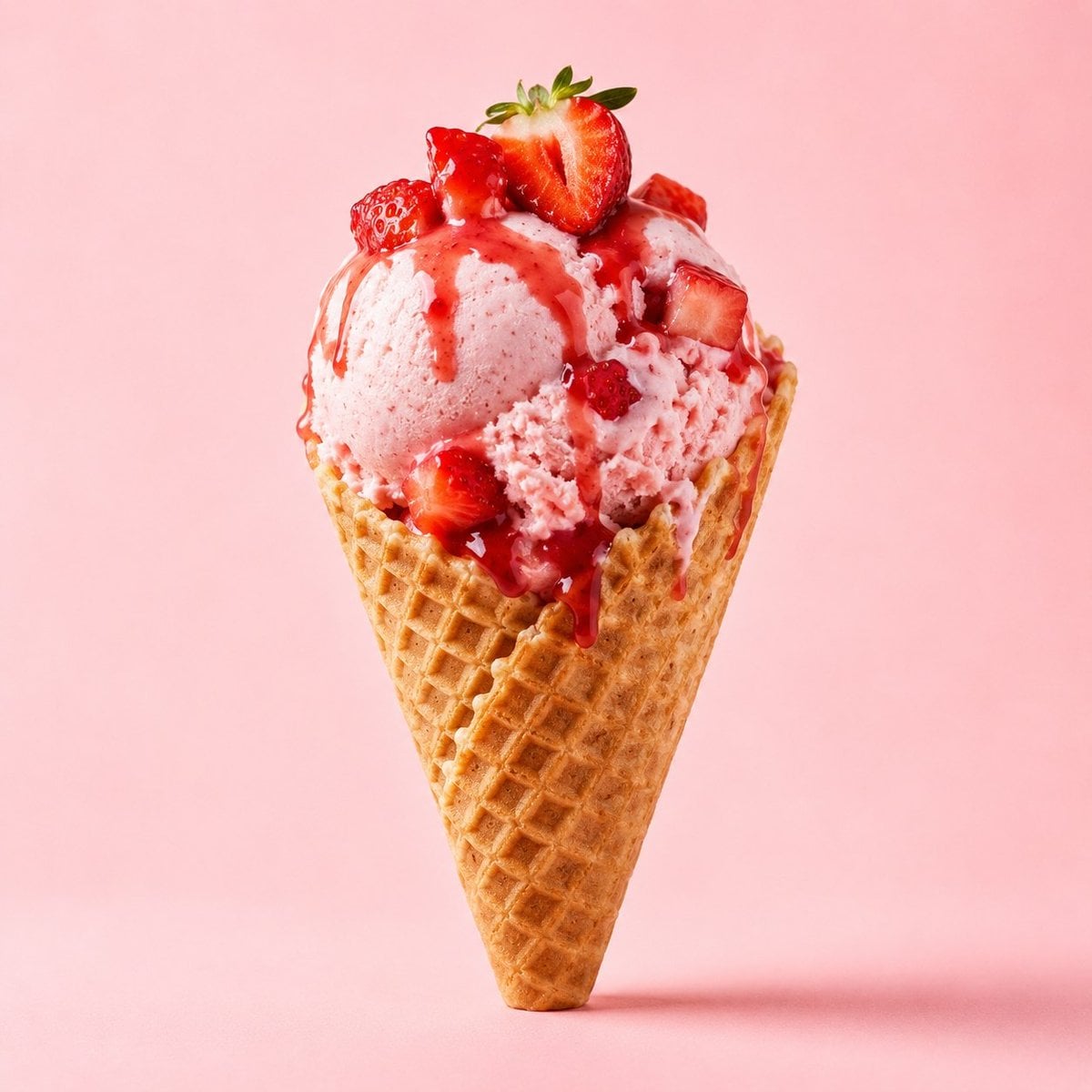 A premium dessert product photograph of a strawberry ice cream cone centered against a soft pastel pink seaml…