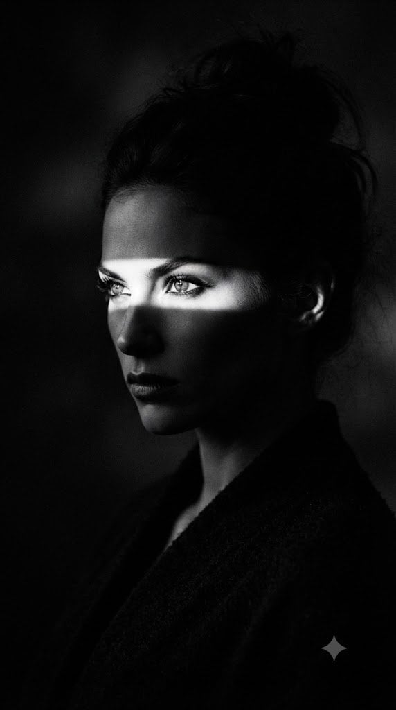 9:16 Aspect ratio A dark, moody low-key black and white cinematic fashion portrait, utilizing extreme chiaros…