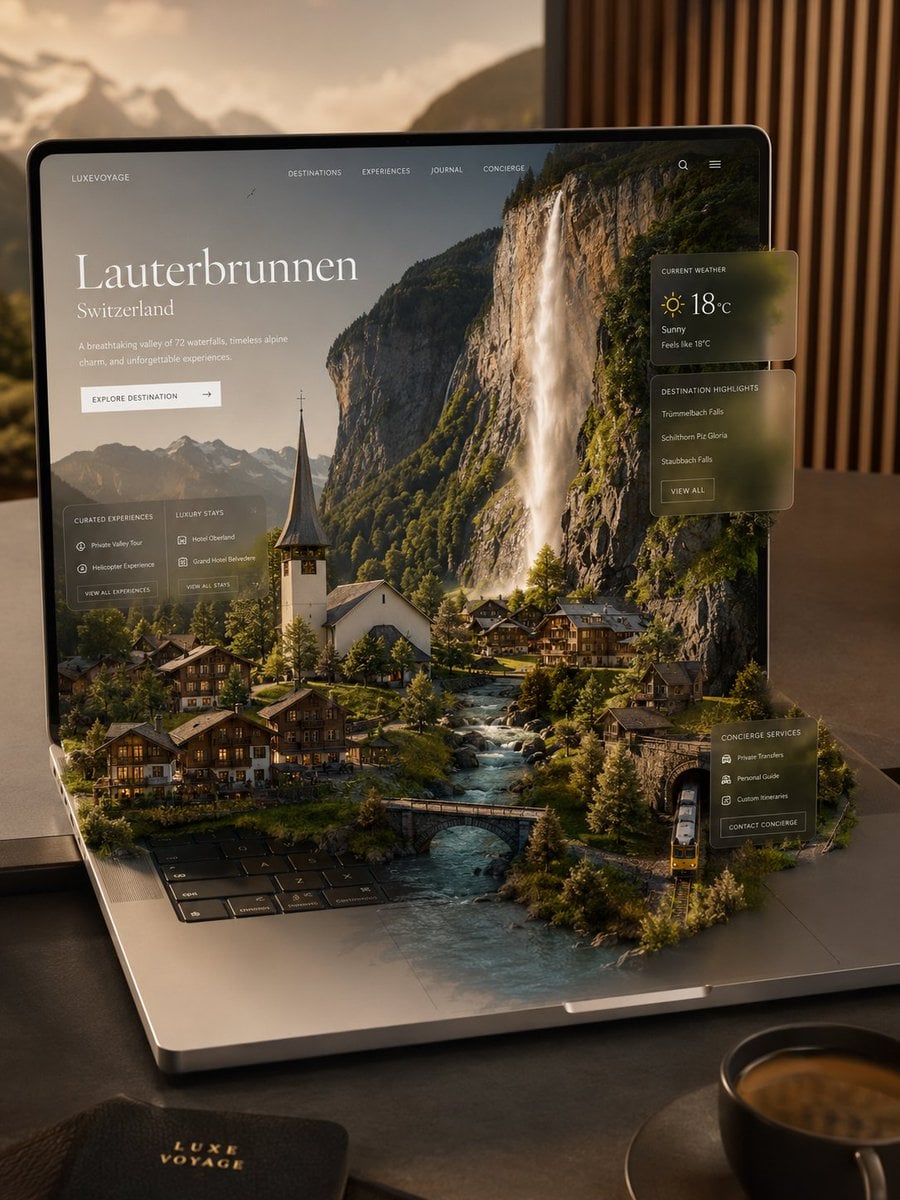Ultra-premium travel platform visualized as a miniature world emergin…