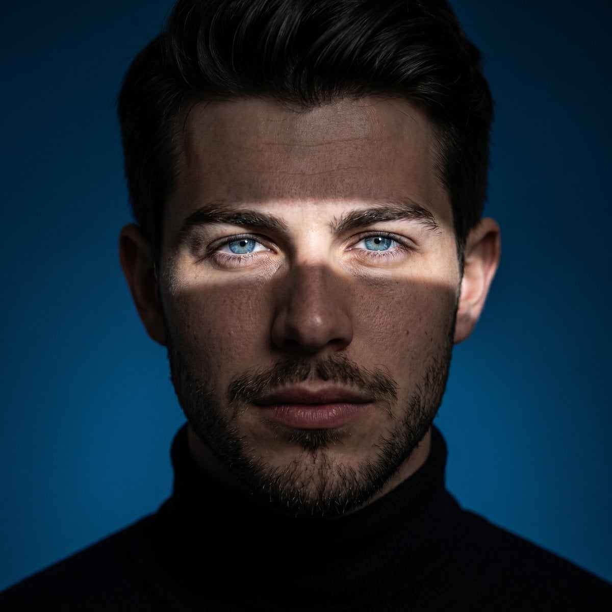 Ultra-realistic cinematic studio portrait, close-up headshot, subject centered, direct eye contact with the c…