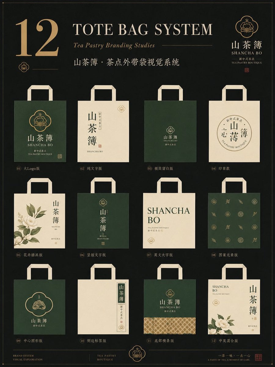 生成一张竖版 3:4 餐饮品牌手提袋包装视觉系统提案图。 品牌类型：[品牌类型] 中文品牌名：[中文品牌名] 英文品牌名：[英文品牌名] 产品方向：[产品方向] 主色调：[主色调] 辅助色：[辅助色] 点缀色：[点缀色…
