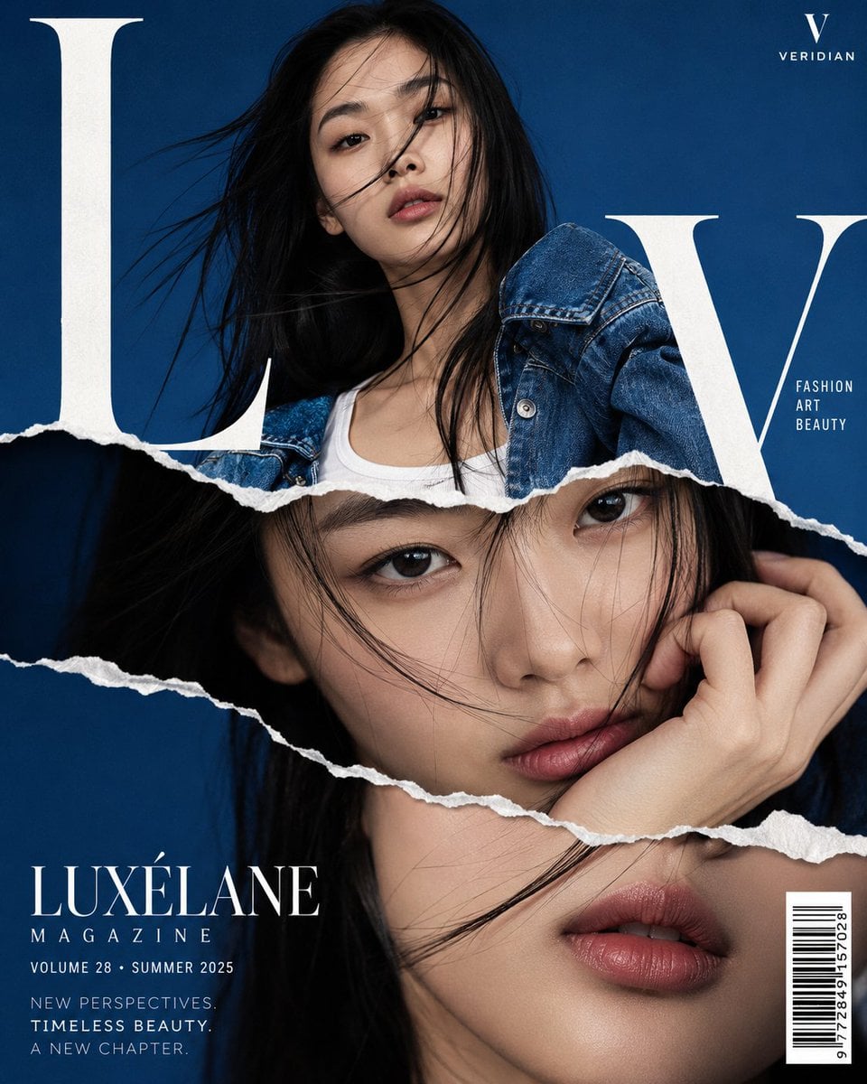 High-fashion magazine cover design, torn-paper collage effect, young…