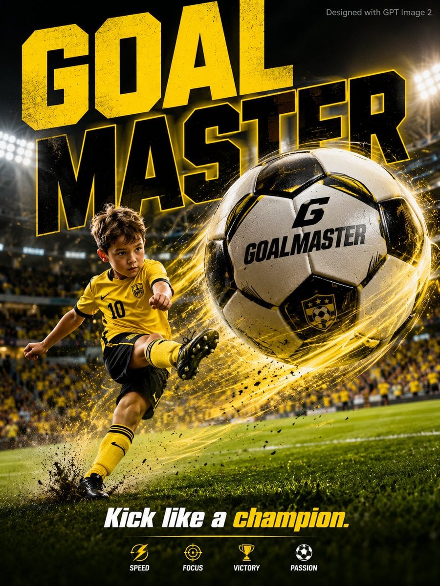 A vibrant sports advertisement poster. An energetic young boy age 9 i…