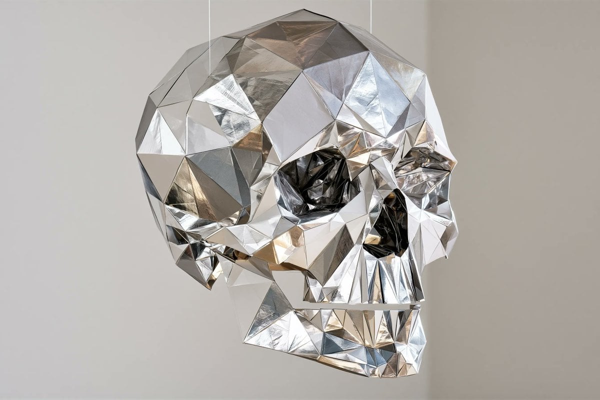 A stylized sculpture of a [Subject], entirely constructed from folded metallic paper with sharp angular geome…