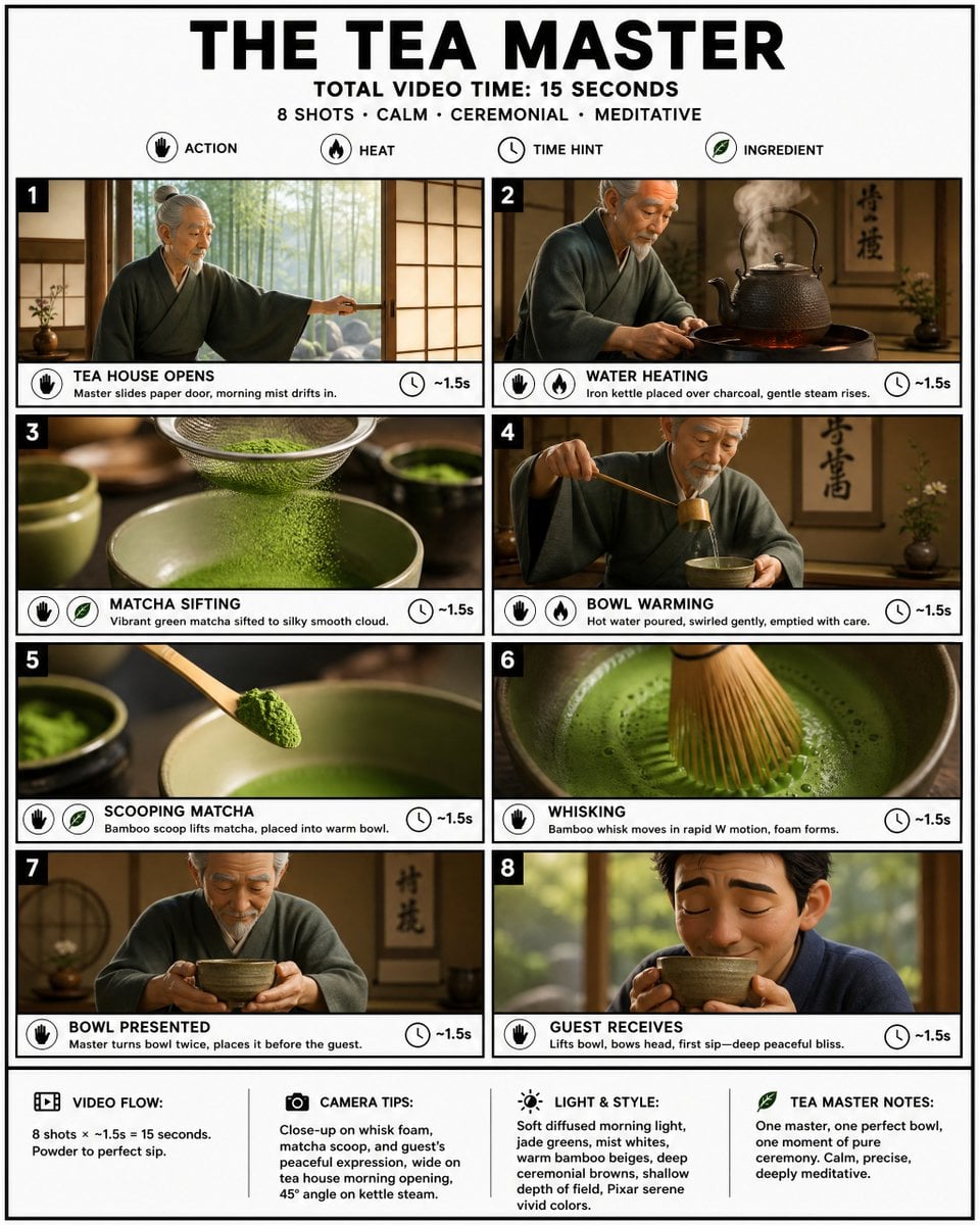 Create a crisp, clean infographic storyboard poster for THE TEA MASTE…