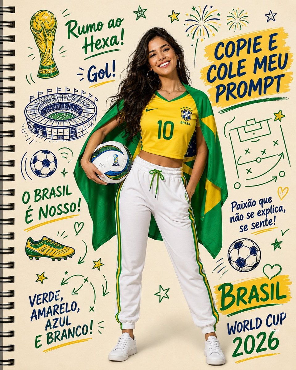 Create a vibrant spiral-bound notebook style Brazil FIFA World Cup 20…