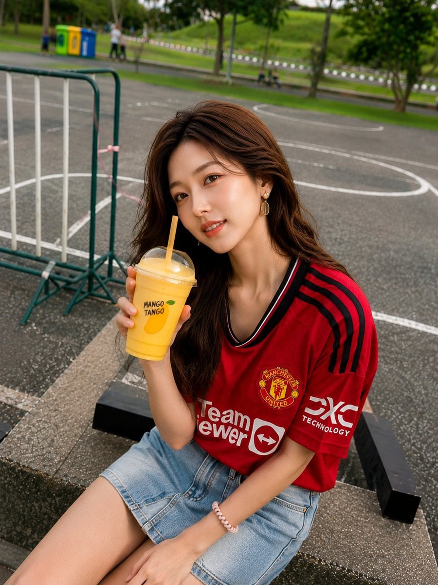 Prompt 1: Ultra-realistic lifestyle portrait of a beautiful young Asian woman sitting on concrete steps besid…