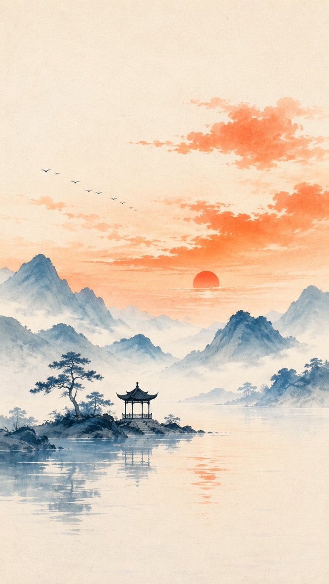 主题方向:东方禅意极简插画 风格分支:高对比传播型 主体内容:一座小亭静置在山水之间 情绪母题:明快、清远、诗意 场景与意象:橘红晚霞、青绿色远山、水面、小亭、松影 构图与空间:小主体大环境构图,小亭位于中下部偏一侧,…