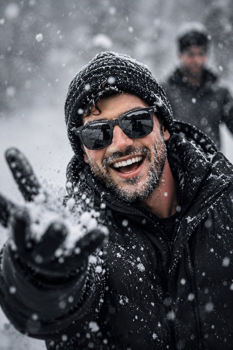 Create an ultra-realistic cinematic winter close-up portrait. The subject wears a dark premium wool beanie, b…