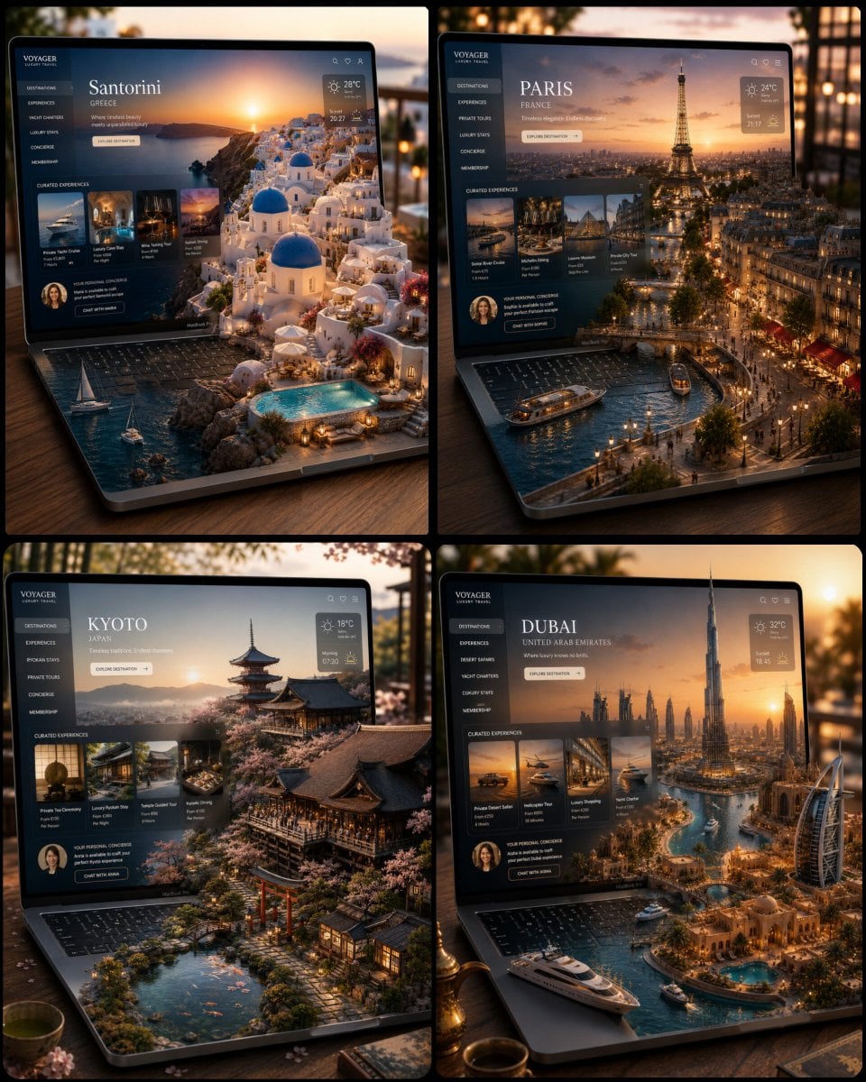 Ultra-premium travel platform visualized as a miniature world emerging seamlessly from an elegant open MacBoo…
