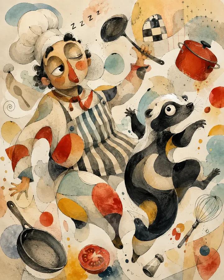 Abstract biomorphic mixed-media painting of [Human] with [Animal], ca…
