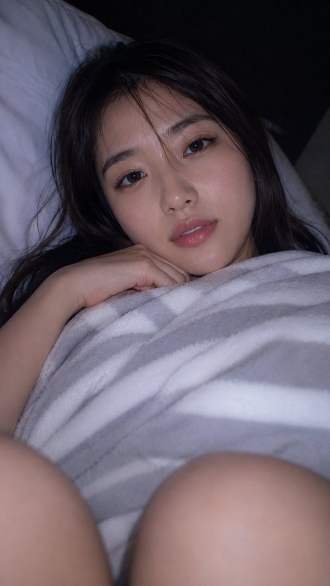 A photorealistic natural close-up bedroom selfie-style photo of a fic…