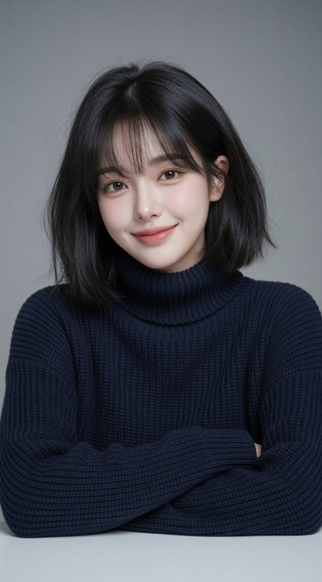 A high-quality studio portrait of a beautiful young East Asian woman…