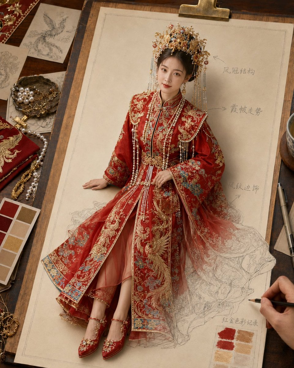 生成一张《纸上成真 · 东方嫁衣》风格图片，4:5 竖版。 主题为[主题]。画面是一张高级米白色嫁衣设定稿纸夹在木质画板上，放在温暖木色设…