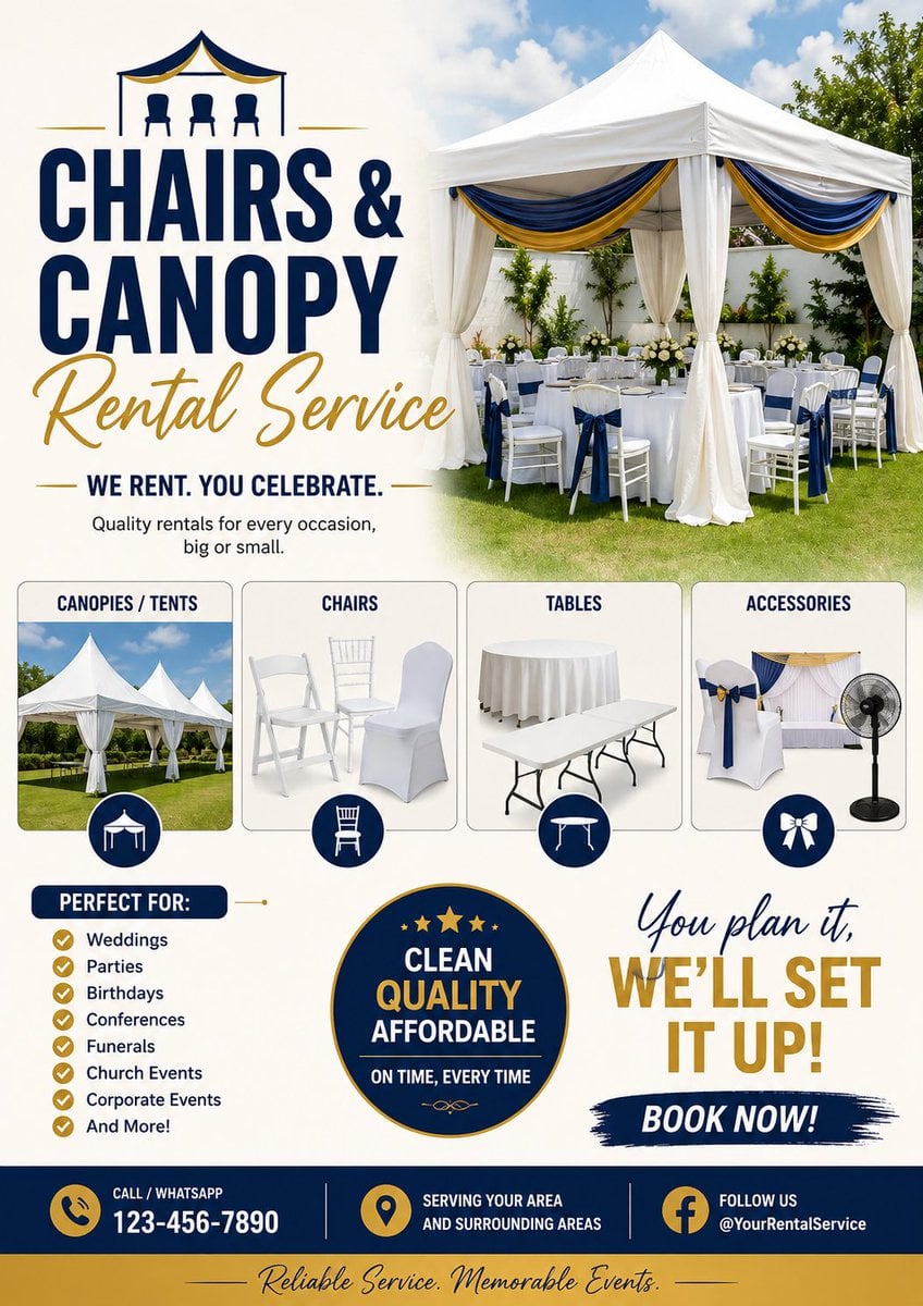 Design a premium, modern, and highly professional event rental servic…