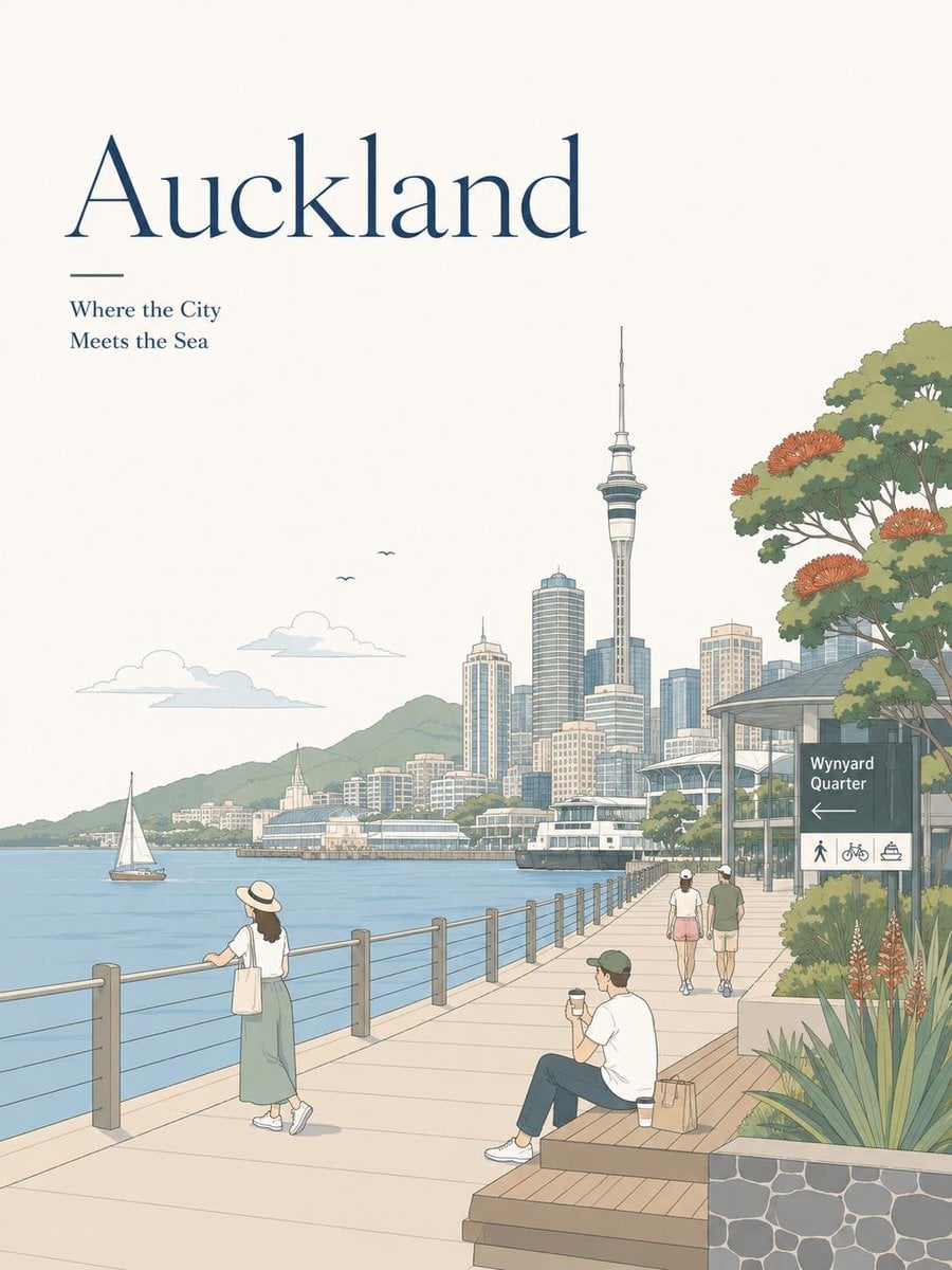 Create a minimalist travel poster illustration in a soft editorial fl…