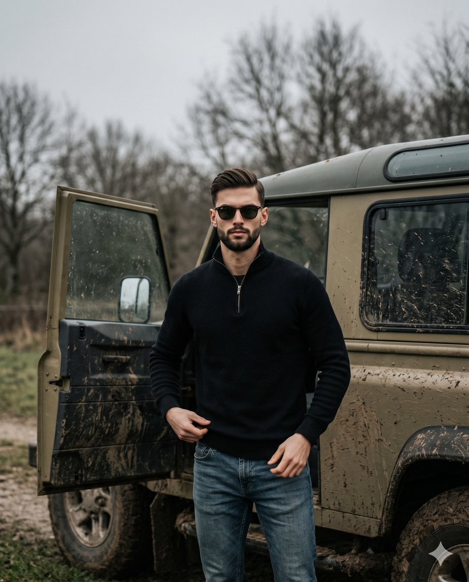 A serious, bearded man wearing sunglasses stands naturally facing the camera, his weight casually shifted wit…