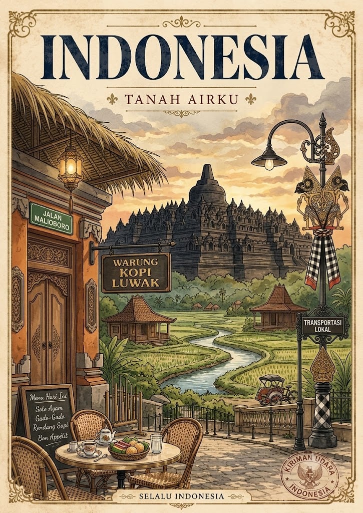 A vintage travel poster-style illustration of [Country Place] titled "[Title Text]", featuring a warm sepia-t…