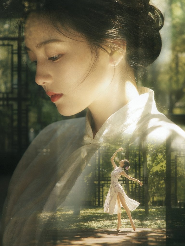 真人摄影、真实人物、梦幻电影感双重曝光人像，竖向画幅，低对比胶片柔焦与玻璃反射叠影。画面主视觉是巨大年轻女性侧脸肖像，占据左上到中部约60%，中近景偏特写，暖象牙白肤调受绿色窗外反射轻微偏青，右侧强阳光在鼻梁、脸颊、颈…