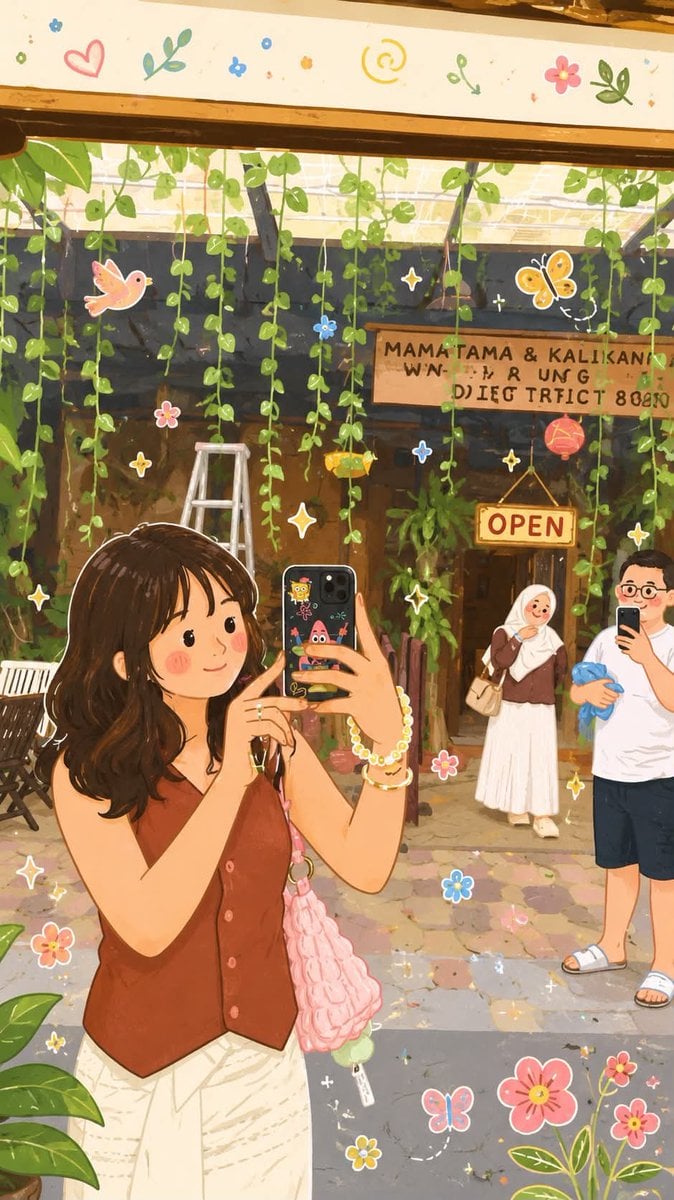 Transform the reference photo into a whimsical folk flat illustration…