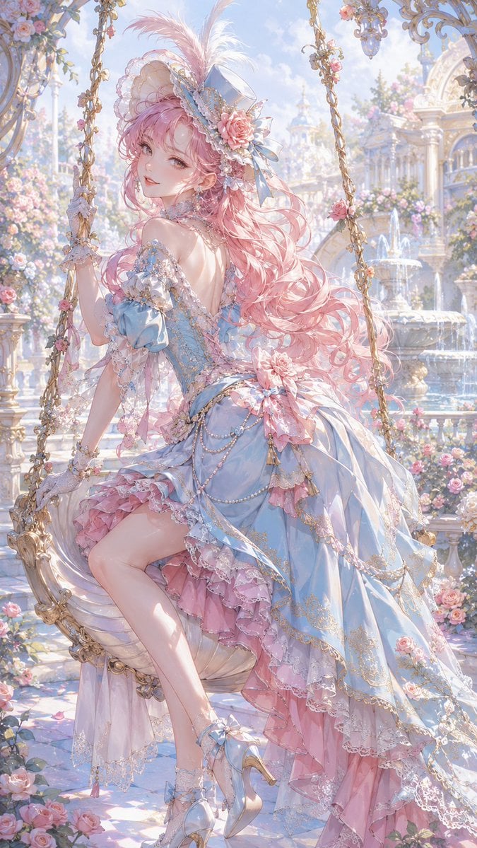 洛可可粉彩宫廷插画 原创成年二次元宫廷风偶像角色，粉金卷发，淡蓝与玫瑰粉礼服，羽毛小帽与珍珠短手套，神情轻快狡黠，坐在装饰花园的贝壳秋千上…