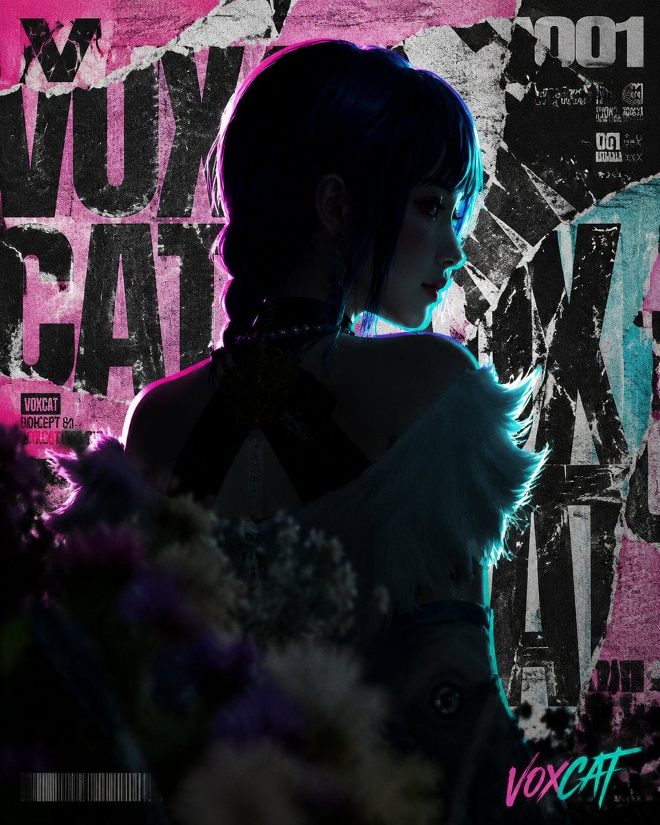 原创 VOXCAT 成年角色作为高概念科幻人物肖像，衣服吊牌写 VOXCAT，左上角 stylized V + 猫元素 logo，右下角…