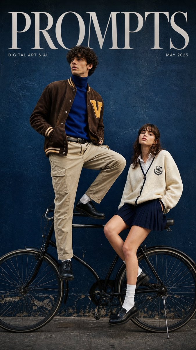 A cinematic fashion magazine cover with the bold text "PROMPTS" at th…