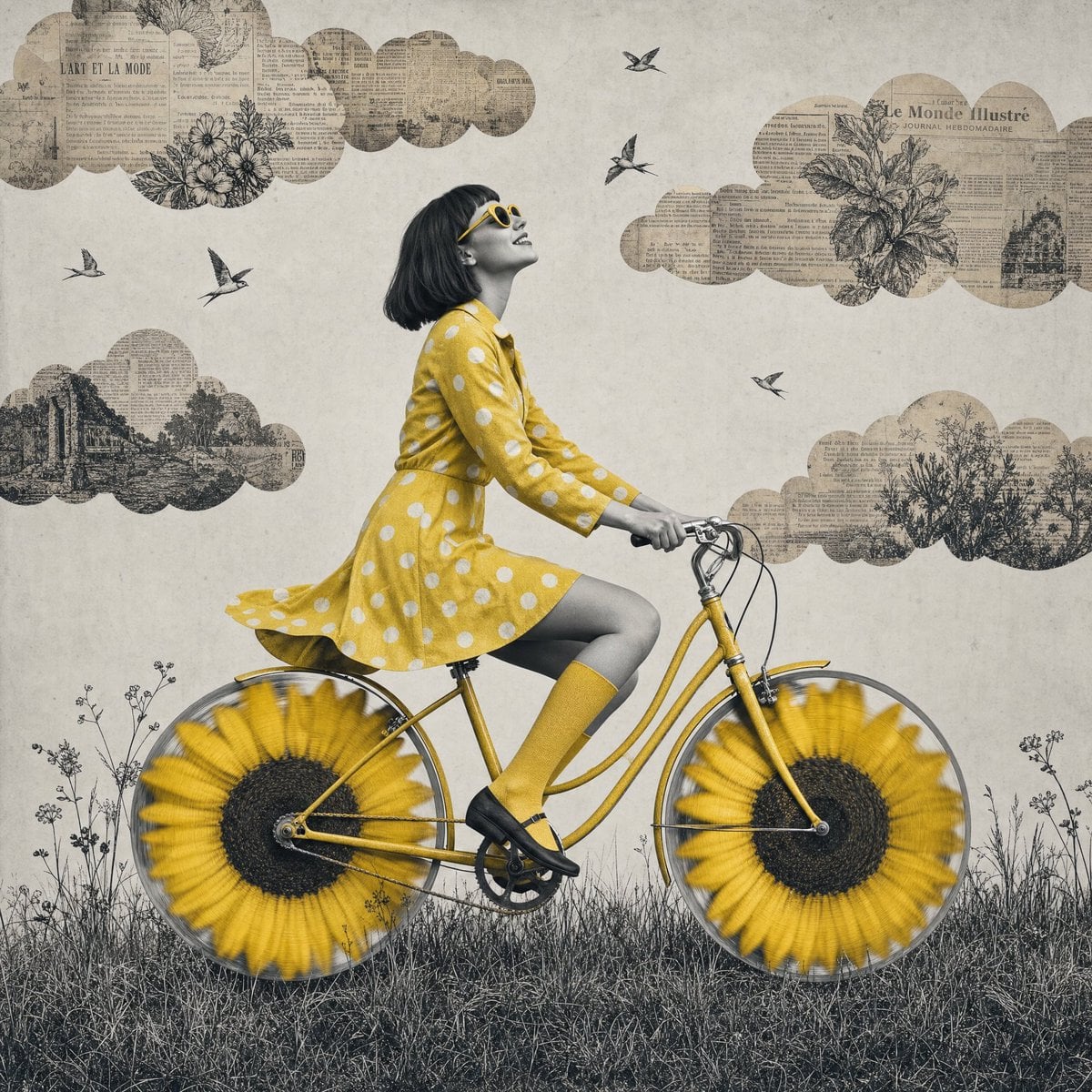 Surreal mixed-media collage artwork, black and white photograph of yo…