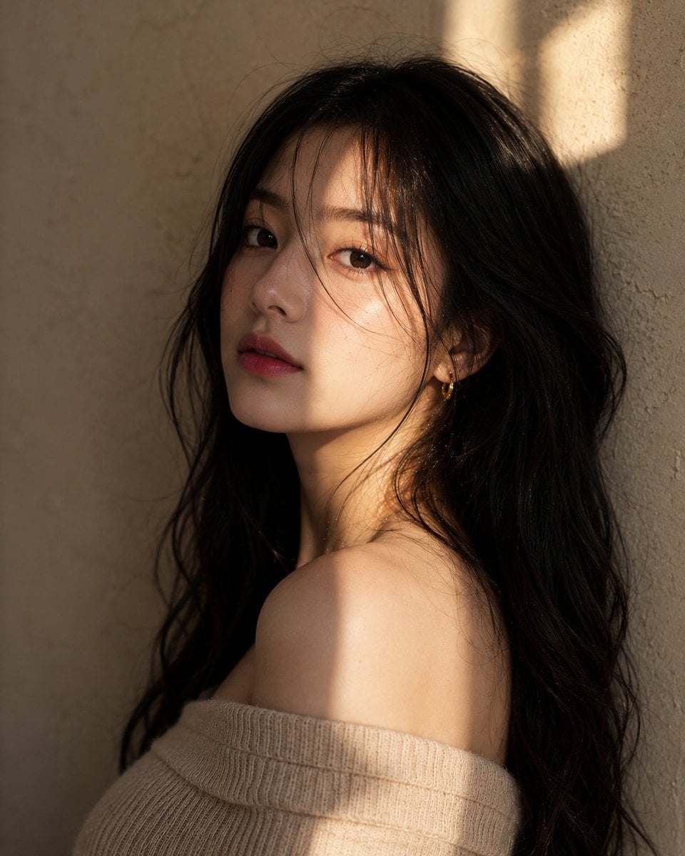 Korean Ultra-realistic editorial portrait of a young Korean woman, up…