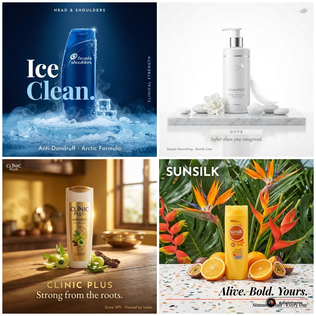 Hyper-realistic luxury shampoo campaign poster, 1:1 square format. A…