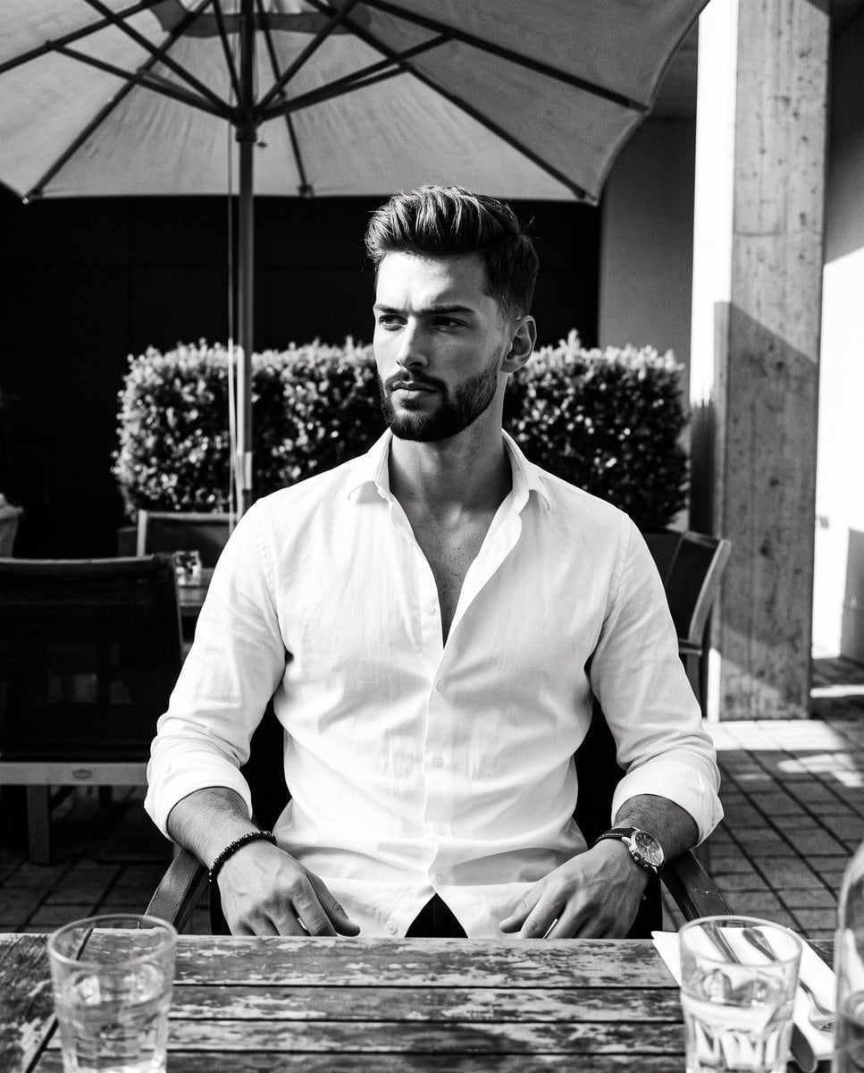 A man sits centered facing the camera with relaxed shoulders, portray…