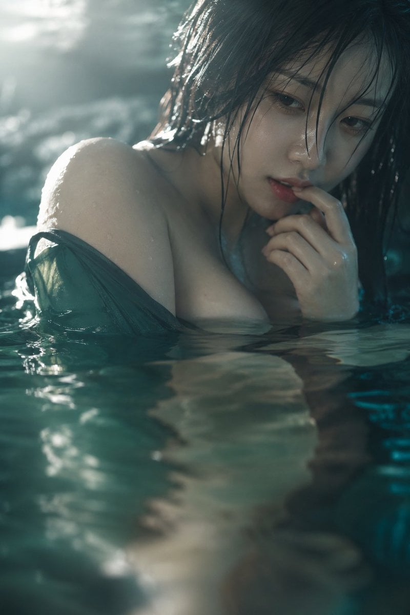 真人摄影、自然光水中近景肖像,竖幅低机位贴近水面,梦幻朦胧氛围,韩系美女,半倚在青绿色水中,脸部位于上方偏右,水面占据下半部形成前景反光与模糊。冷白到象牙白肤调,肩颈受左上方暖白逆光发亮,阴影被水面染成冷绿;黑色湿发凌…