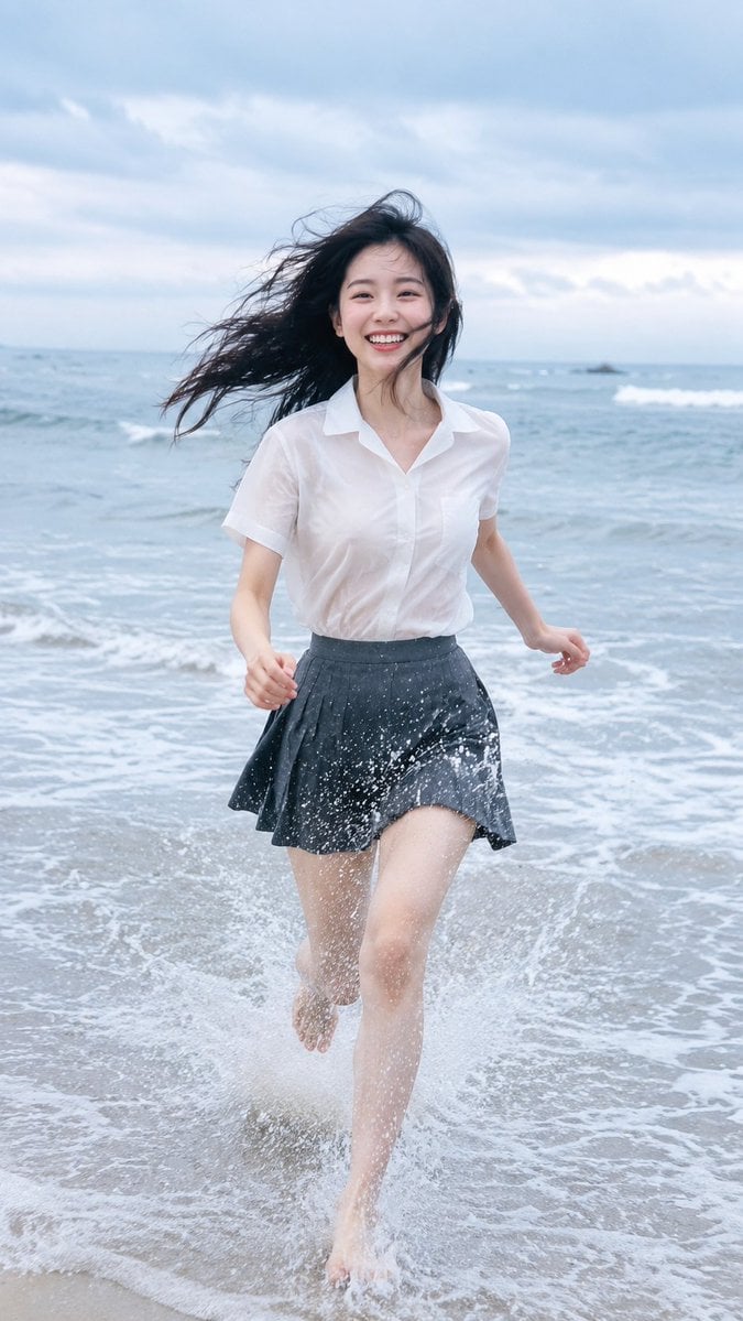 9:16 vertical photorealistic beach running portrait. An adult East As…