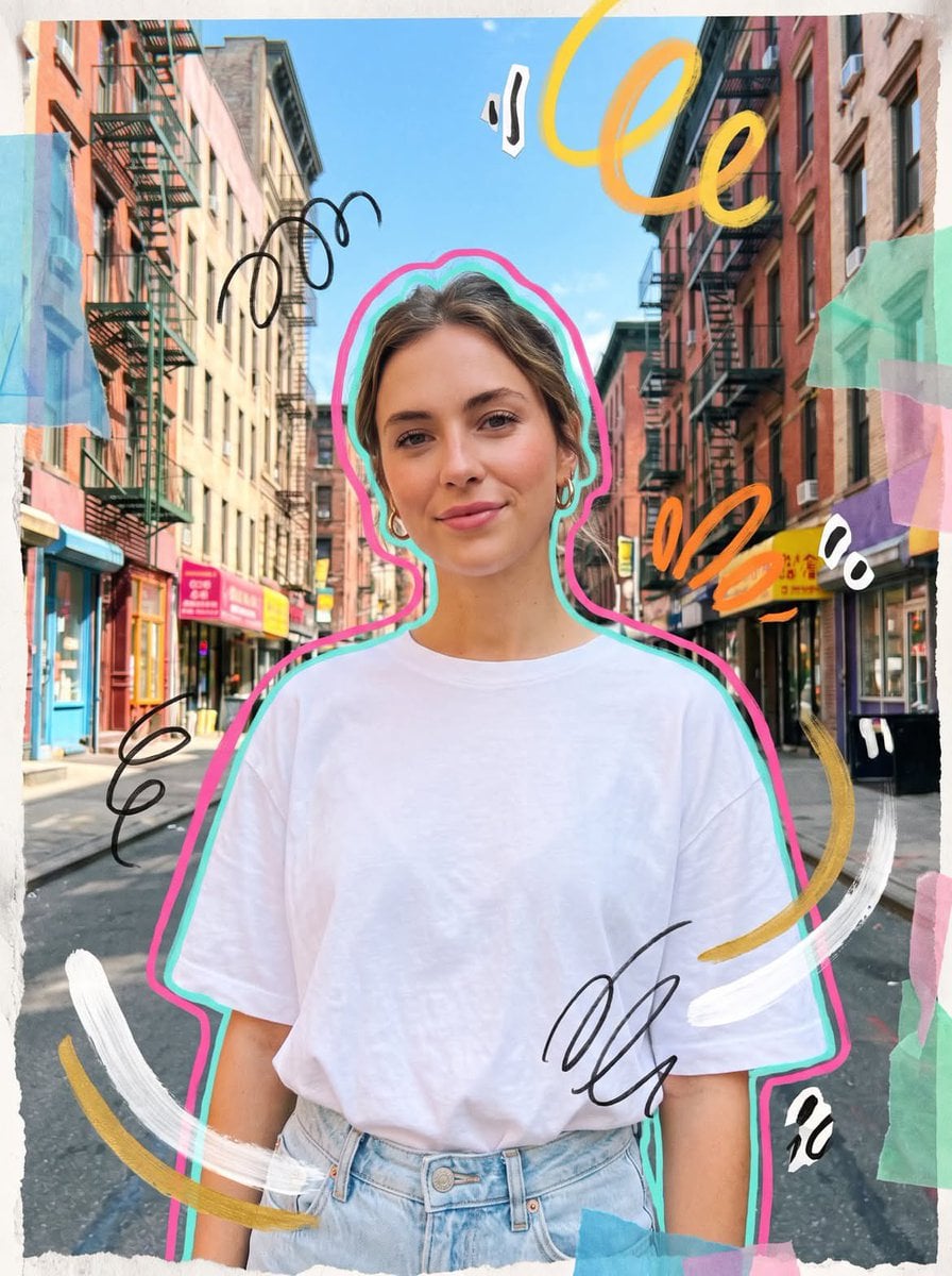 Photorealistic mixed media collage street portrait of a young woman o…