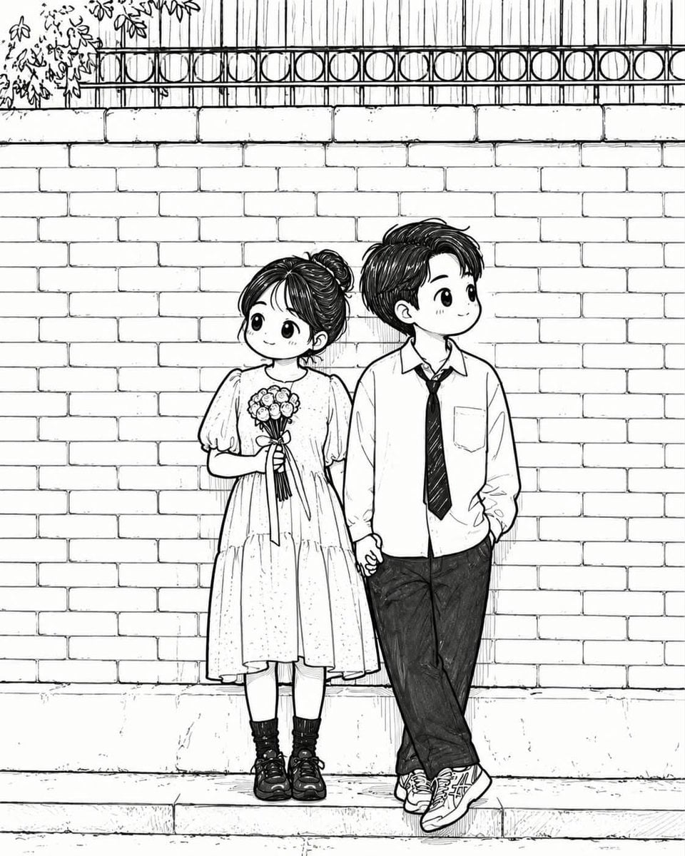 Convert the uploaded photo into a cute black-and-white hand-drawn doo…