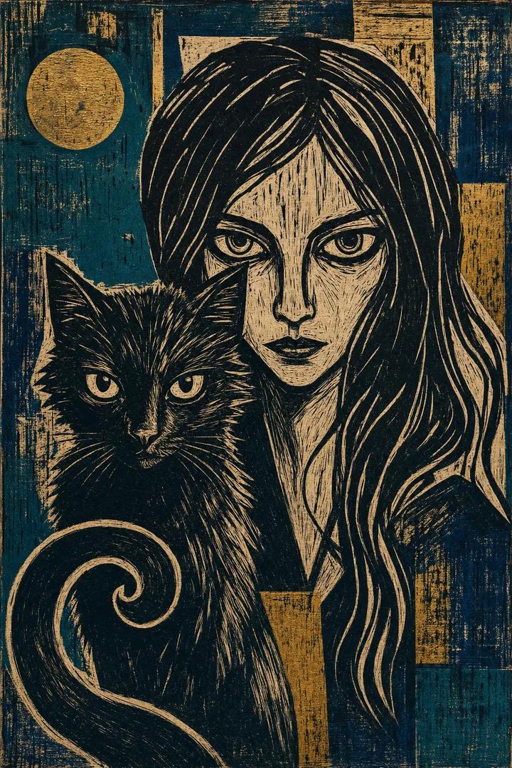 A dramatic Expressionist linocut print on raw, ink-textured paper. A…