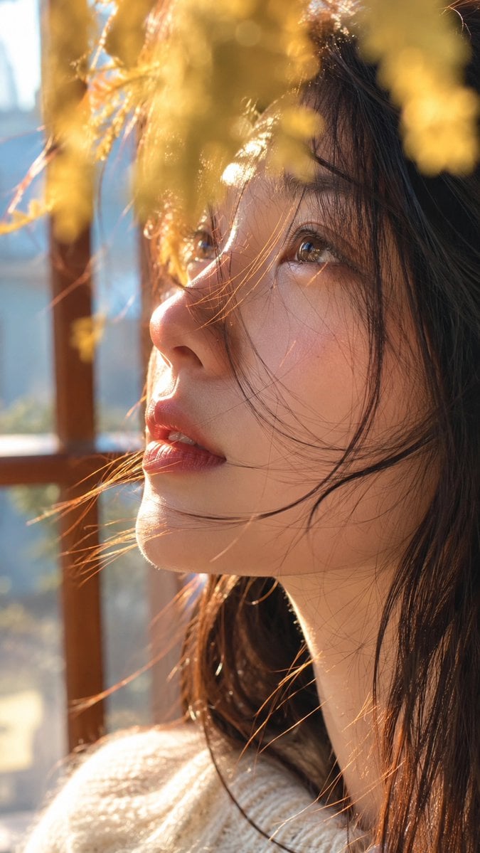 Ultra-close side-profile portrait of a young woman, vertical 9:16 com…